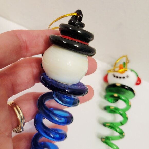 3 Blown Glass Spiral Dangling Snowman Face Top Holiday Christmas Ornaments - Picture 6 of 8